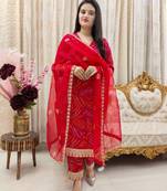 Cotton red embroidery kurti with pant and dupatta
