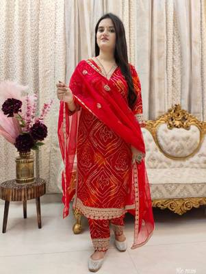 Cotton red embroidery kurti with pant and dupatta 3