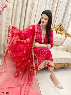 Cotton red embroidery kurti with pant and dupatta 4
