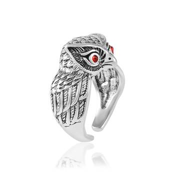 Memoir brass antique silver finish free size owl finger ring fashion jewellery for men women 2