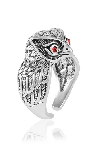 Memoir brass antique silver finish free size owl finger ring fashion jewellery for men women