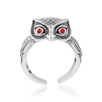 Memoir brass antique silver finish free size owl finger ring fashion jewellery for men women 3