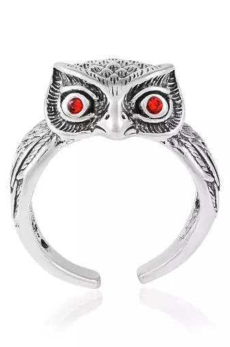 Memoir brass antique silver finish free size owl finger ring fashion jewellery for men women