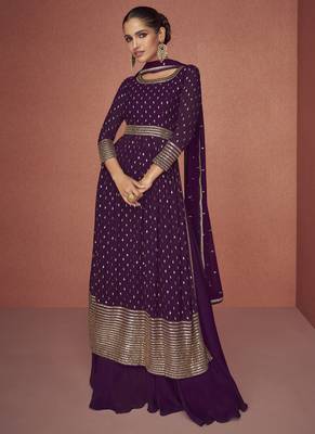 Wine real georgette embroidered palzzo suit 2