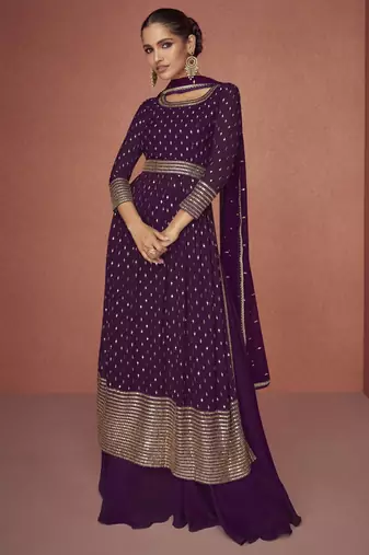 Wine real georgette embroidered palzzo suit