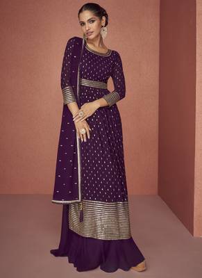Wine real georgette embroidered palzzo suit 1