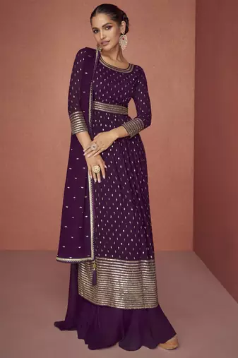 Wine real georgette embroidered palzzo suit