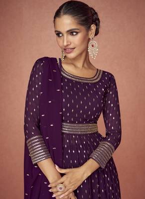 Wine real georgette embroidered palzzo suit 3