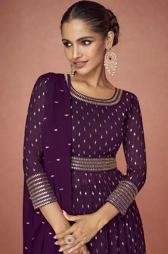 Wine real georgette embroidered palzzo suit