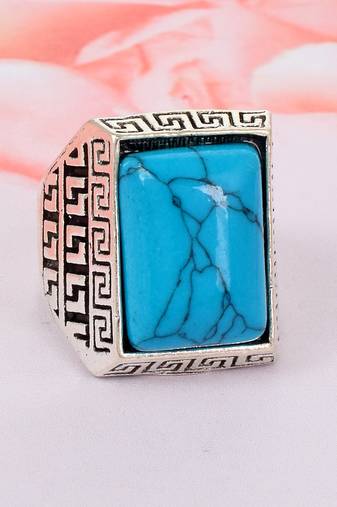 Memoir brass oxidised silverplated turquoise firoza finger ring men women fashion stylish