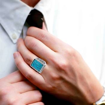 Memoir brass oxidised silverplated turquoise firoza finger ring men women fashion stylish 4