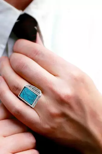 Memoir brass oxidised silverplated turquoise firoza finger ring men women fashion stylish