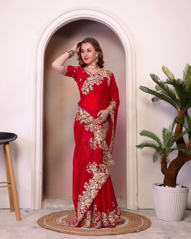 Red Pure Jimichoo Heavy Emroidered Saree with blouse