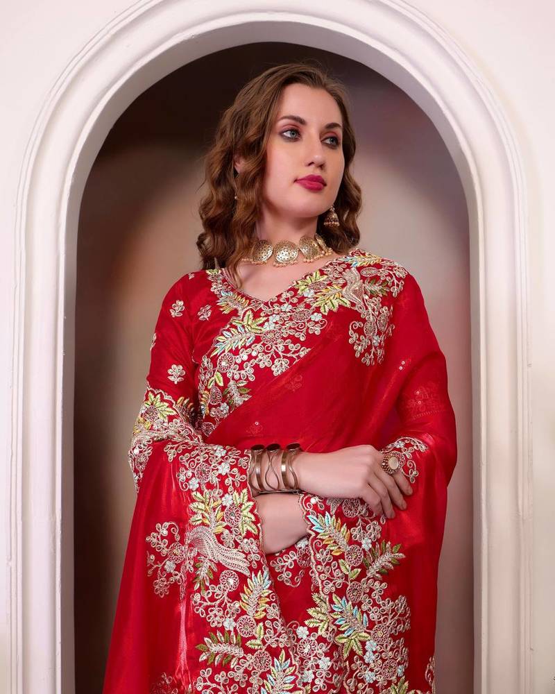 Red Pure Jimichoo Heavy Emroidered Saree with blouse