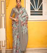 Sky blue digital printed weaving soft cotton silk saree with blouse