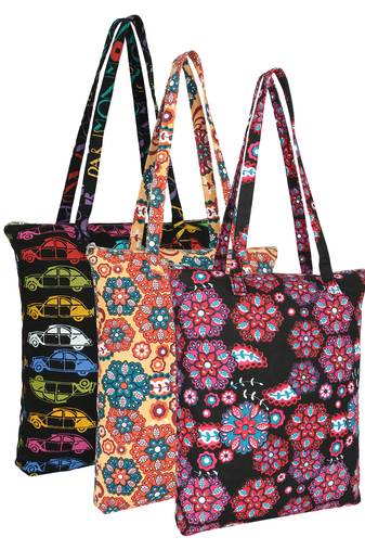 eco-friendly multicolor floral printed cotton canvas shopping bags (pack of 3)