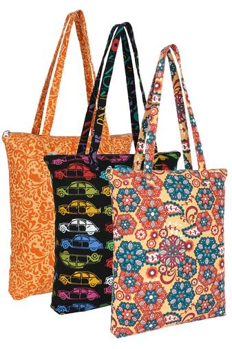 eco-friendly multicolor floral printed cotton canvas shopping bags (pack of 3)