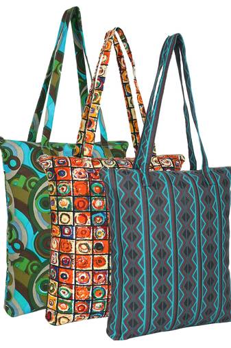 eco-friendly multicolor abstract printed cotton canvas shopping bags (pack of 3)