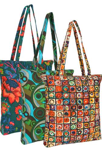 eco-friendly multicolor abstract printed cotton canvas shopping bags (pack of 3)