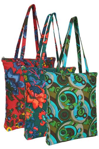 eco-friendly multicolor floral printed cotton canvas shopping bags (pack of 3)