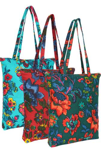 eco-friendly multicolor floral printed cotton canvas shopping bags (pack of 3)