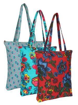 eco-friendly multicolor floral printed cotton canvas shopping bags (pack of 3) 1