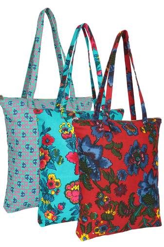 eco-friendly multicolor floral printed cotton canvas shopping bags (pack of 3)