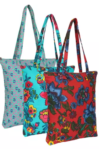 eco-friendly multicolor floral printed cotton canvas shopping bags (pack of 3)
