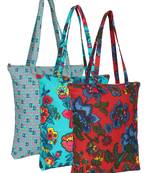 eco-friendly multicolor floral printed cotton canvas shopping bags (pack of 3)