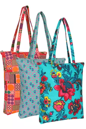 eco-friendly multicolor printed cotton canvas shopping bags (pack of 3)
