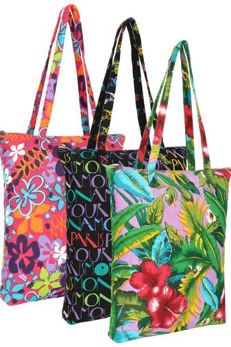 eco-friendly multicolor floral printed cotton canvas shopping bags (pack of 3)