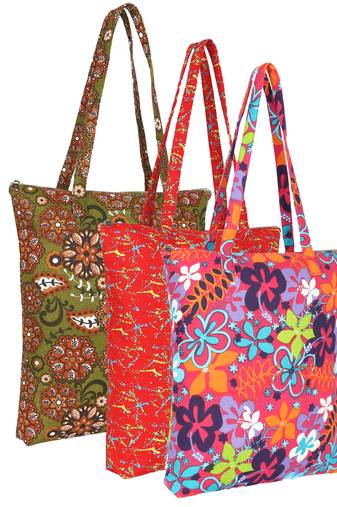 eco-friendly multicolor floral printed cotton canvas shopping bags (pack of 3)