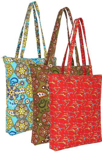 eco-friendly multicolor floral printed cotton canvas shopping bags (pack of 3)
