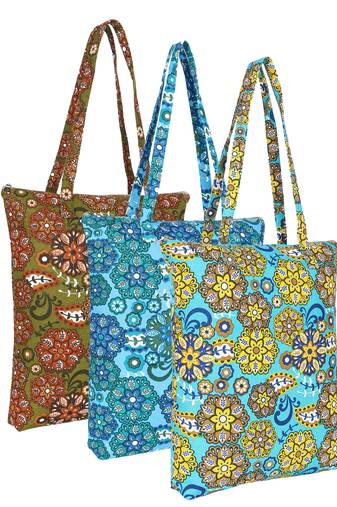 eco-friendly multicolor floral printed cotton canvas shopping bags (pack of 3)