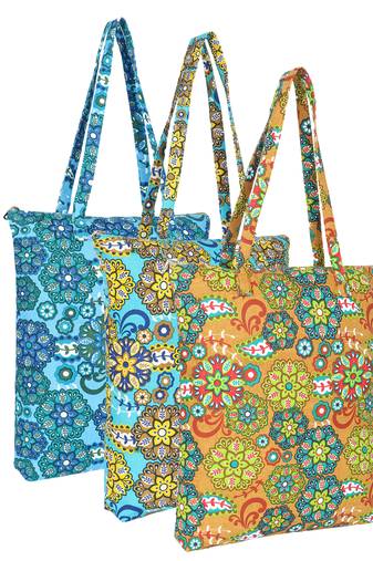 eco-friendly multicolor floral printed cotton canvas shopping bags (pack of 3)
