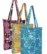 Eco-friendly multicolor floral printed cotton canvas shopping bags (pack of 3)
