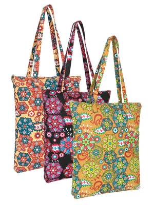 Eco-friendly multicolor floral printed cotton canvas shopping bags (pack of 3) 1