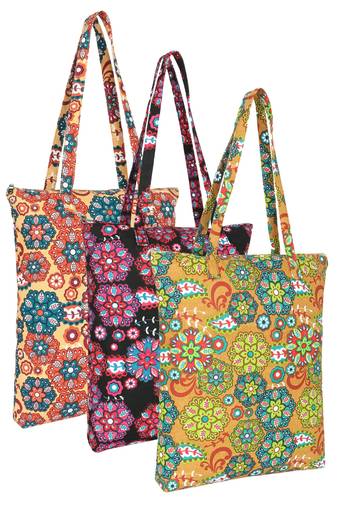 Eco-friendly multicolor floral printed cotton canvas shopping bags (pack of 3)