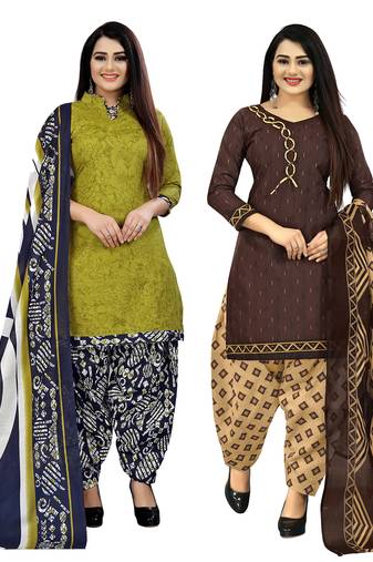 light green and brown cotton printed unstitched salwar suit material (combo of 2)