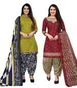 light green and red cotton printed unstitched salwar suit material (combo of 2)