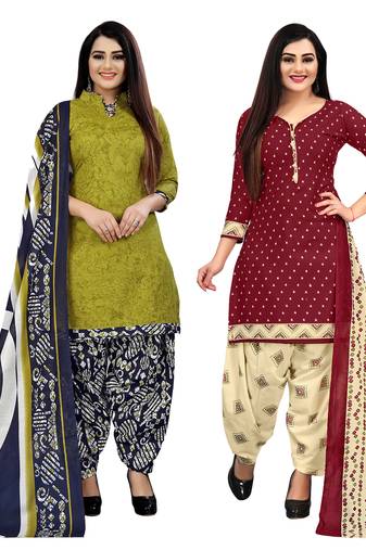 light green and maroon cotton printed unstitched salwar suit material (combo of 2)