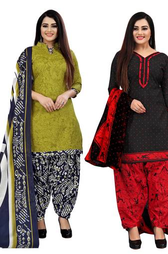 Rajnandini light green and black cotton printed unstitched salwar suit material (combo of 2)