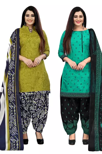light green and green cotton printed unstitched salwar suit material (combo of 2)