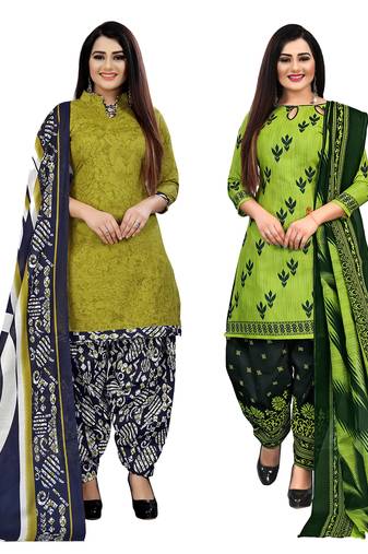 light green and parrot green cotton printed unstitched salwar suit material (combo of 2)