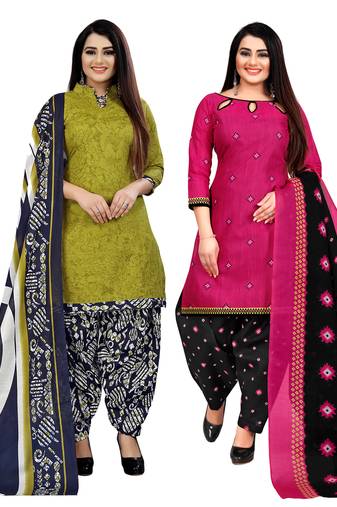 light green and magenta cotton printed unstitched salwar suit material (combo of 2)