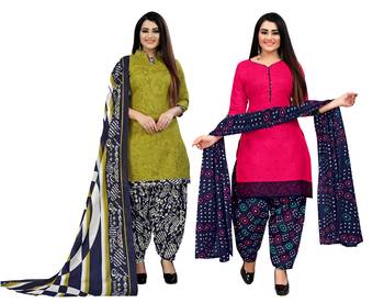 light green and dark pink cotton printed unstitched salwar suit material (combo of 2) 1