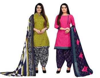 light green and magenta cotton printed unstitched salwar suit material (combo of 2) 1