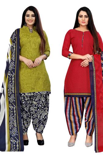 light green and red cotton printed unstitched salwar suit material (combo of 2)