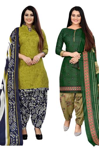 light green and green cotton printed unstitched salwar suit material (combo of 2)