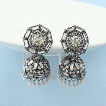 Memoir brass oxidised silverplated kundan polki traditional women jhumka earrings 1